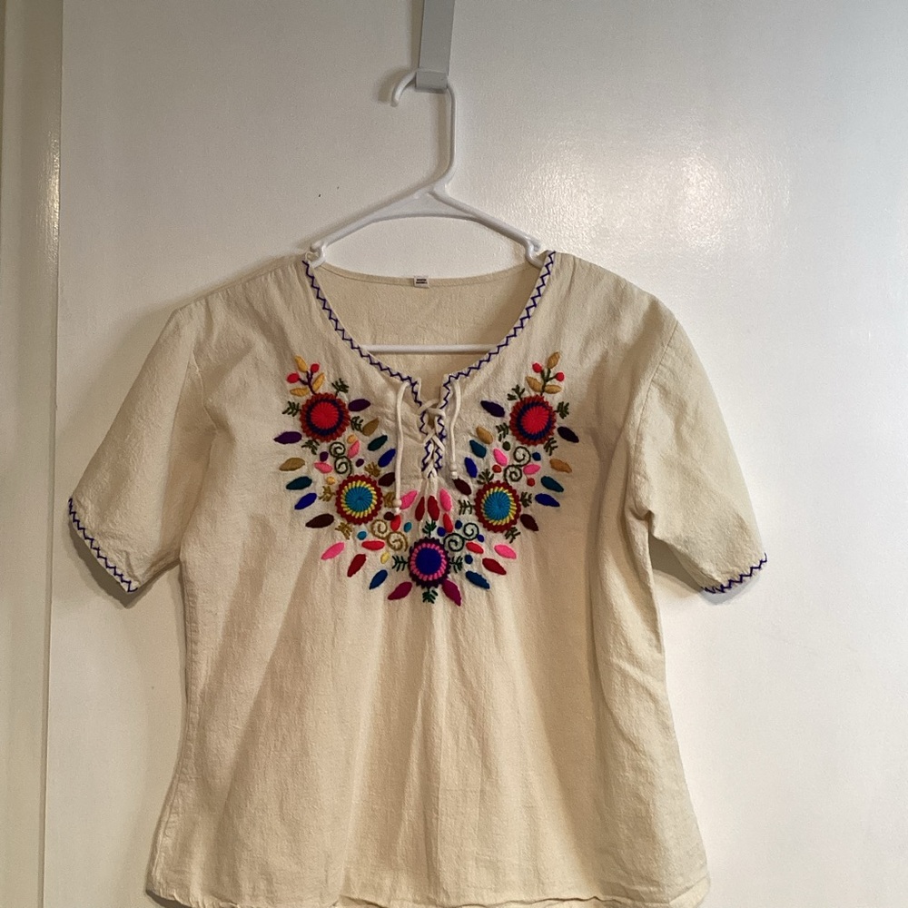 Talla made in Guatemala Embroidered Cream Blouse with Colorful Floral Design